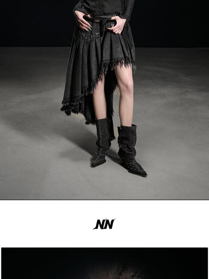 NORTH NODE Washed Distressed Asymmetric Frayed Hem Women&