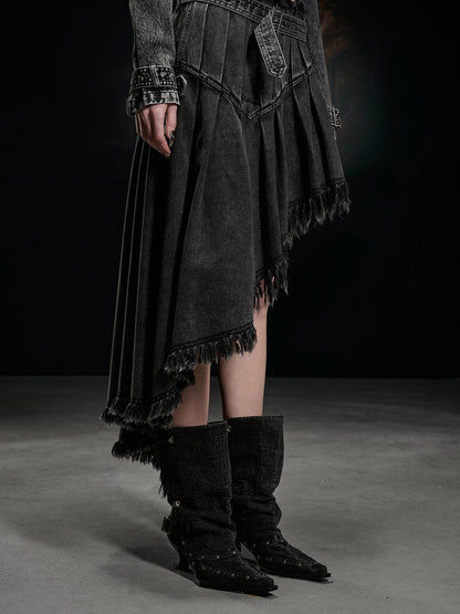 NORTH NODE Washed Distressed Asymmetric Frayed Hem Women&