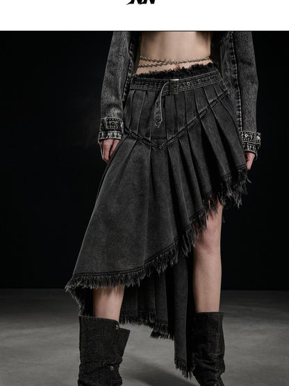 NORTH NODE Washed Distressed Asymmetric Frayed Hem Women&