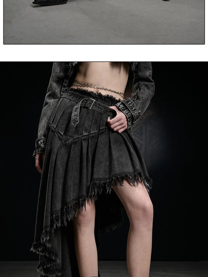 NORTH NODE Washed Distressed Asymmetric Frayed Hem Women&