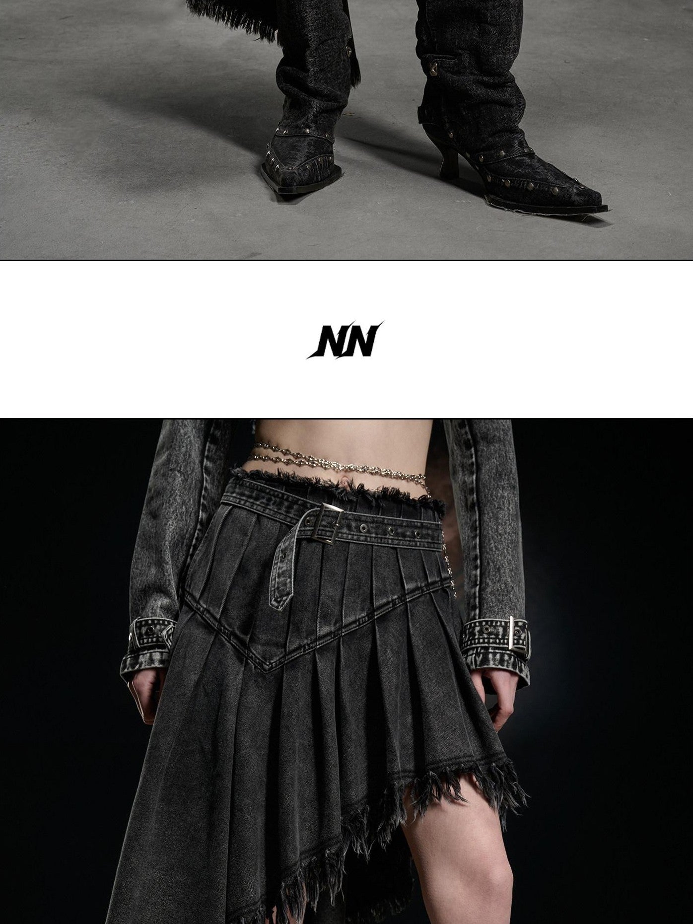 NORTH NODE Washed Distressed Asymmetric Frayed Hem Women&