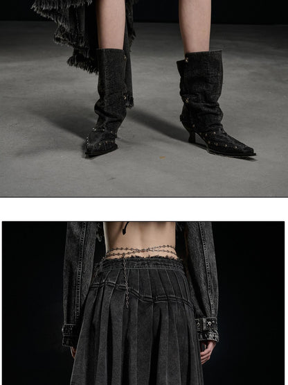 NORTH NODE Washed Distressed Asymmetric Frayed Hem Women&