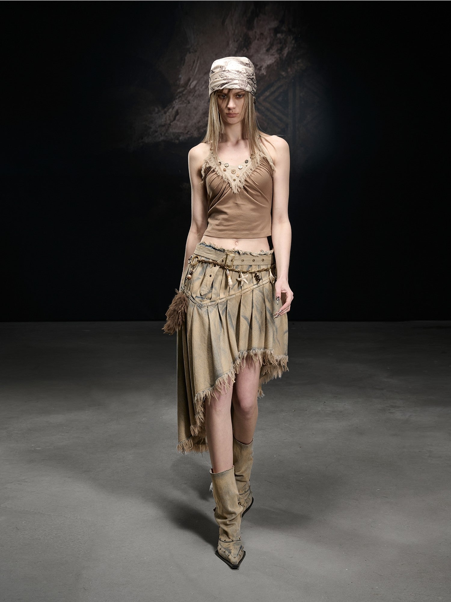 NORTH NODE Washed Distressed Asymmetric Frayed Hem Women&