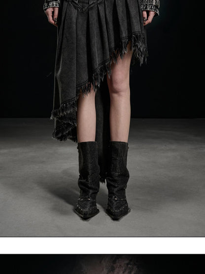 NORTH NODE Washed Distressed Asymmetric Frayed Hem Women&