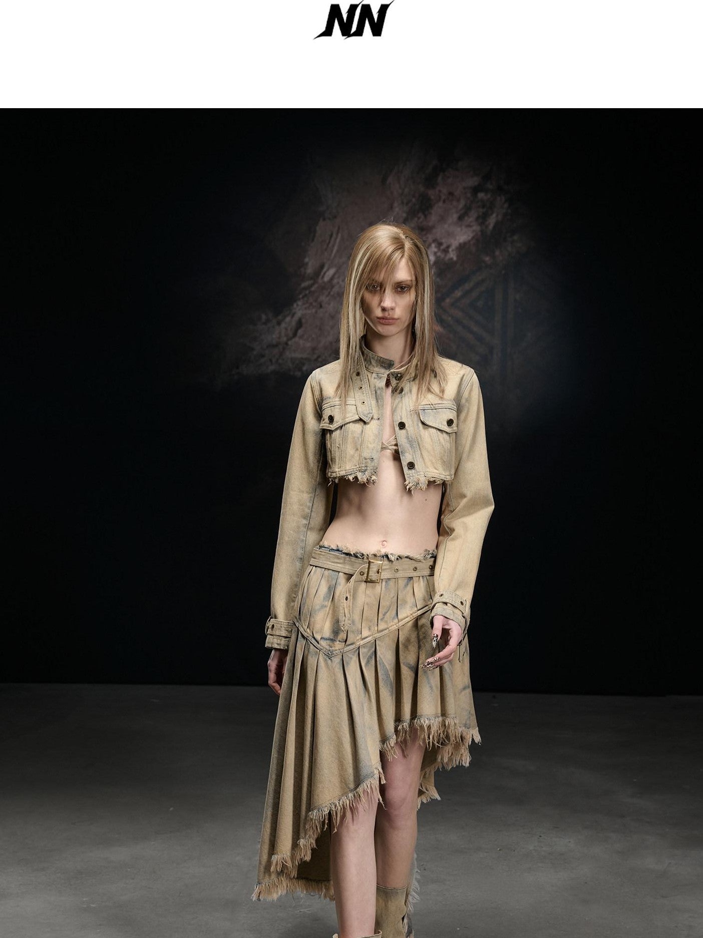 NORTH NODE Washed Distressed Asymmetric Frayed Hem Women&