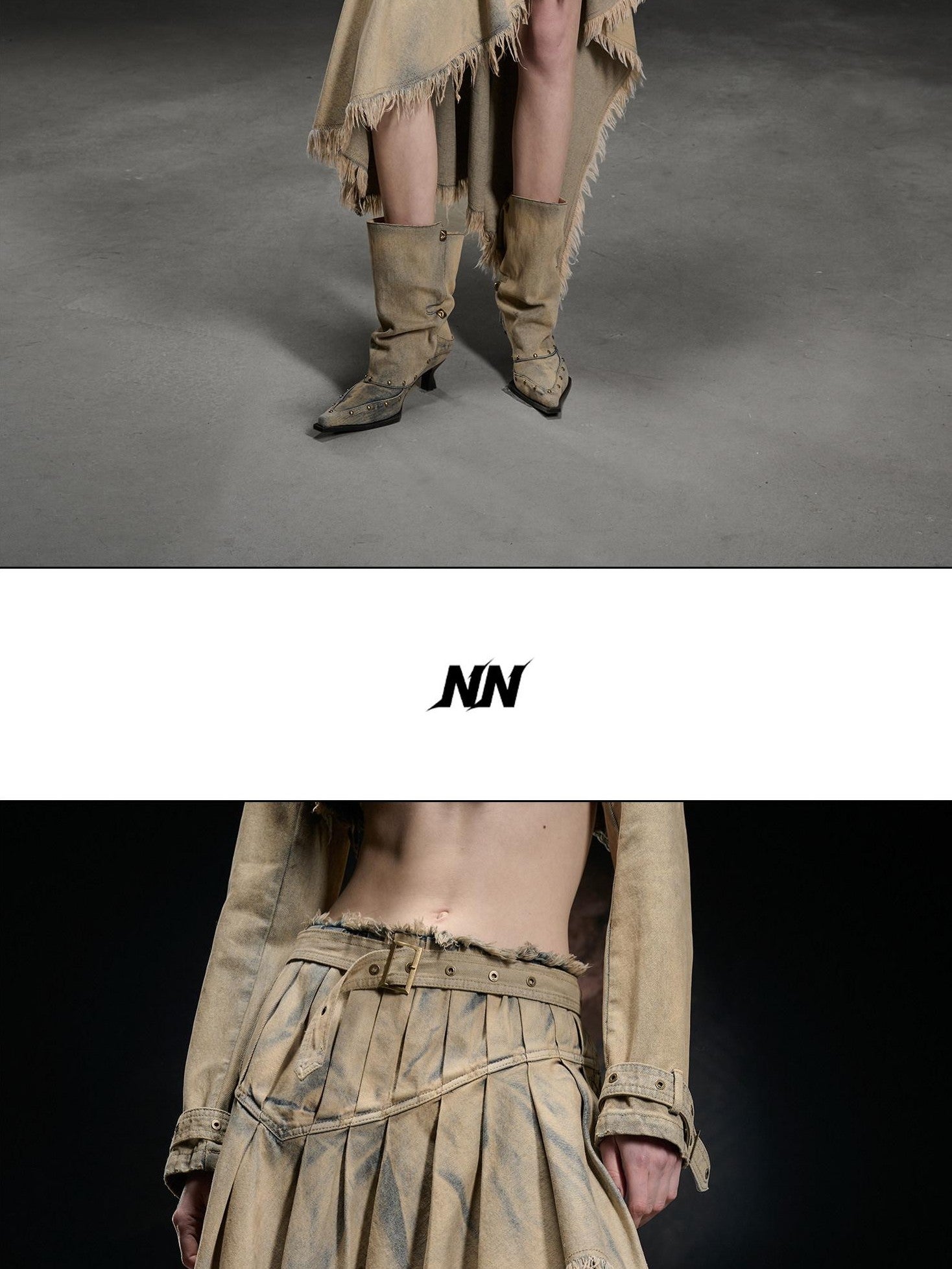 NORTH NODE Washed Distressed Asymmetric Frayed Hem Women&