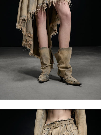 NORTH NODE Washed Distressed Asymmetric Frayed Hem Women&