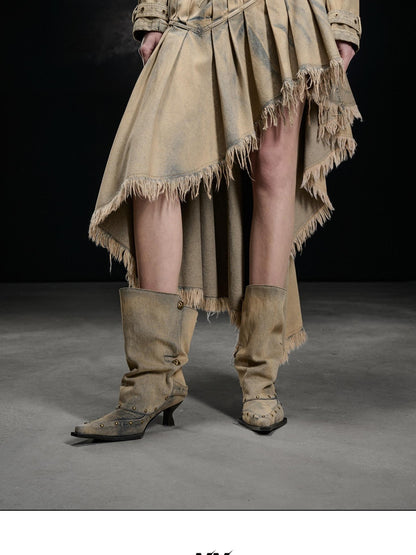 NORTH NODE Washed Distressed Asymmetric Frayed Hem Women&
