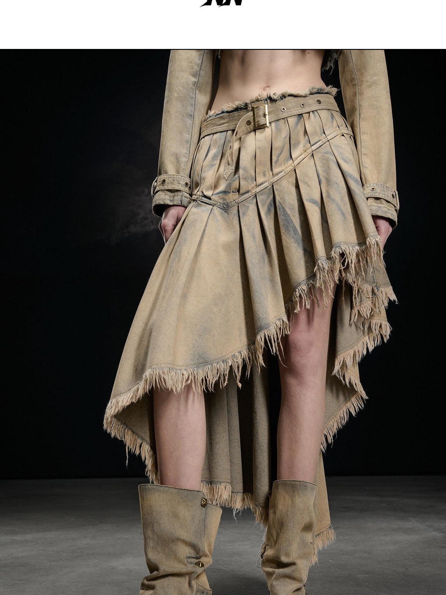 NORTH NODE Washed Distressed Asymmetric Frayed Hem Women&