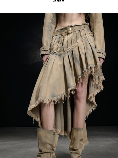 NORTH NODE Washed Distressed Asymmetric Frayed Hem Women&