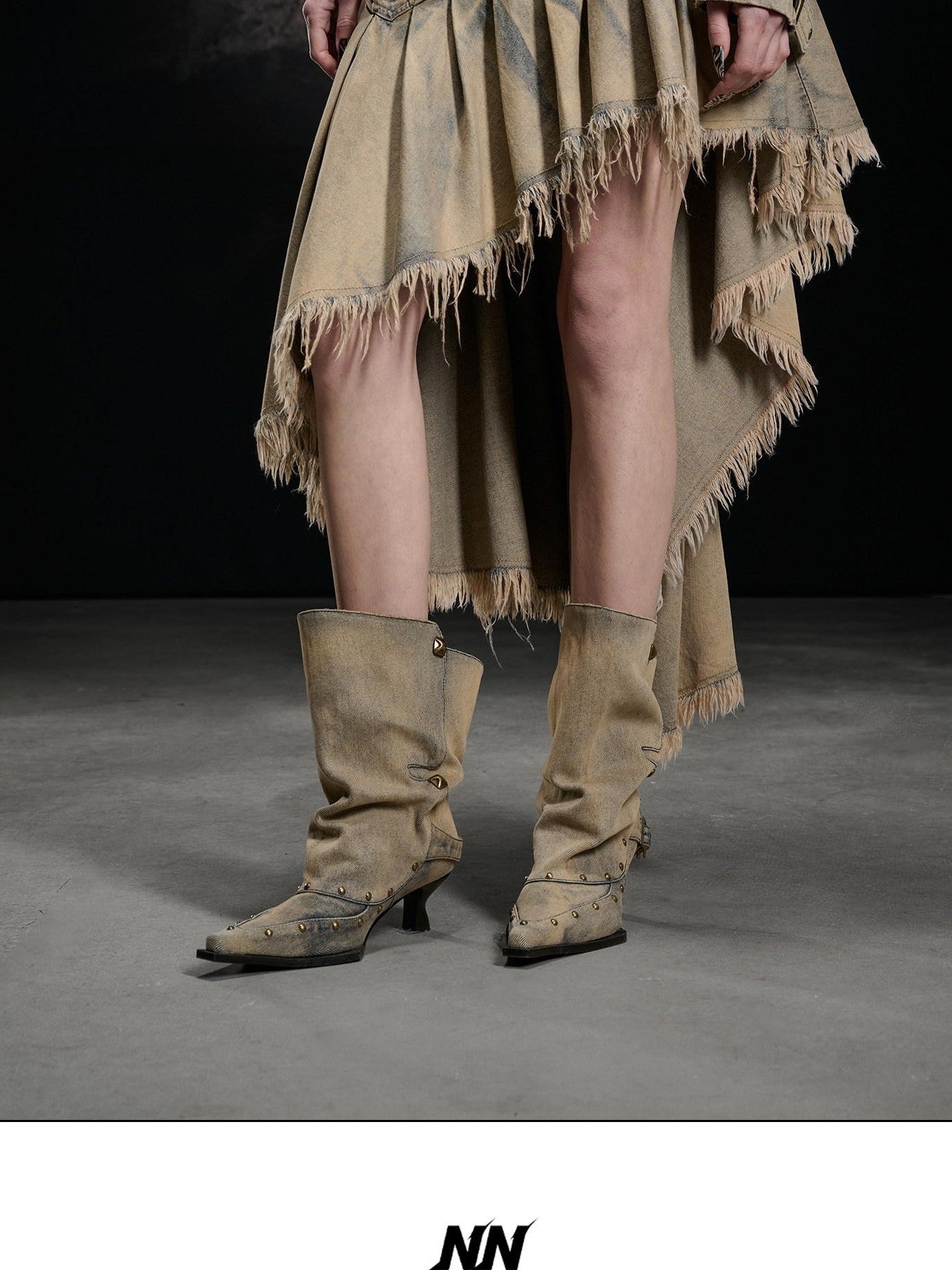 NORTH NODE Washed Distressed Asymmetric Frayed Hem Women&