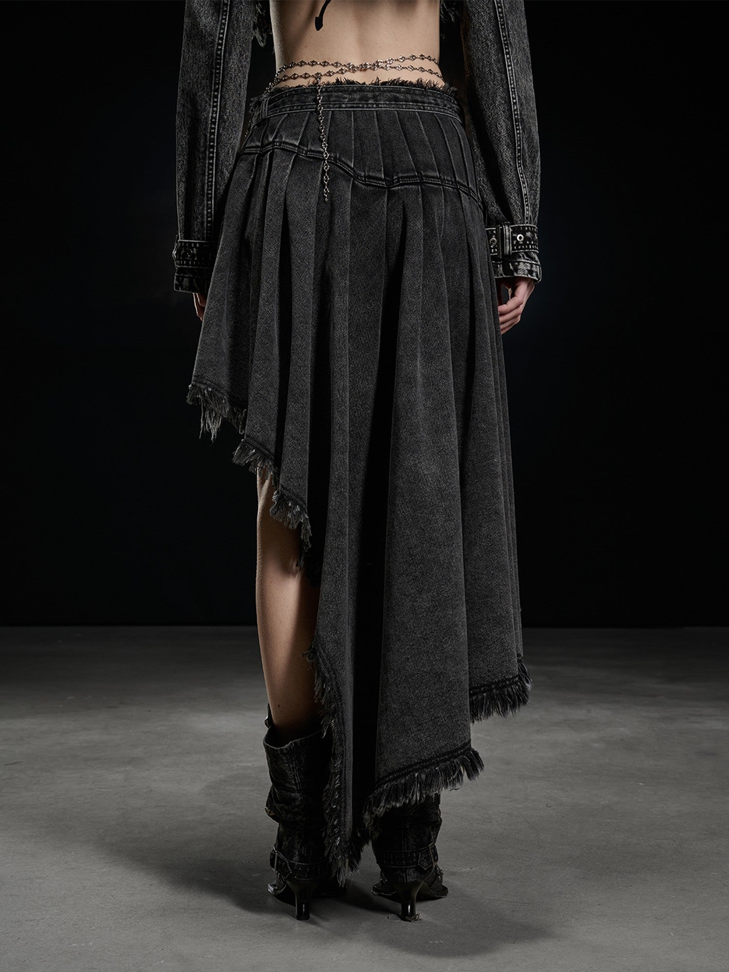 NORTH NODE Washed Distressed Asymmetric Frayed Hem Women&