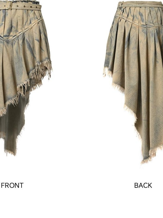 NORTH NODE Washed Distressed Asymmetric Frayed Hem Women&