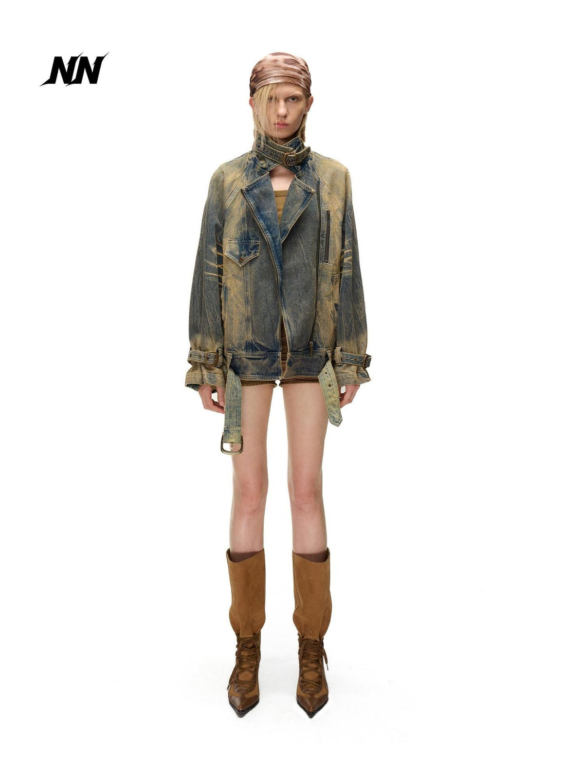 NORTH NODE Washed Distressed Asymmetric Zip Front Loose Fit Cotton Women&
