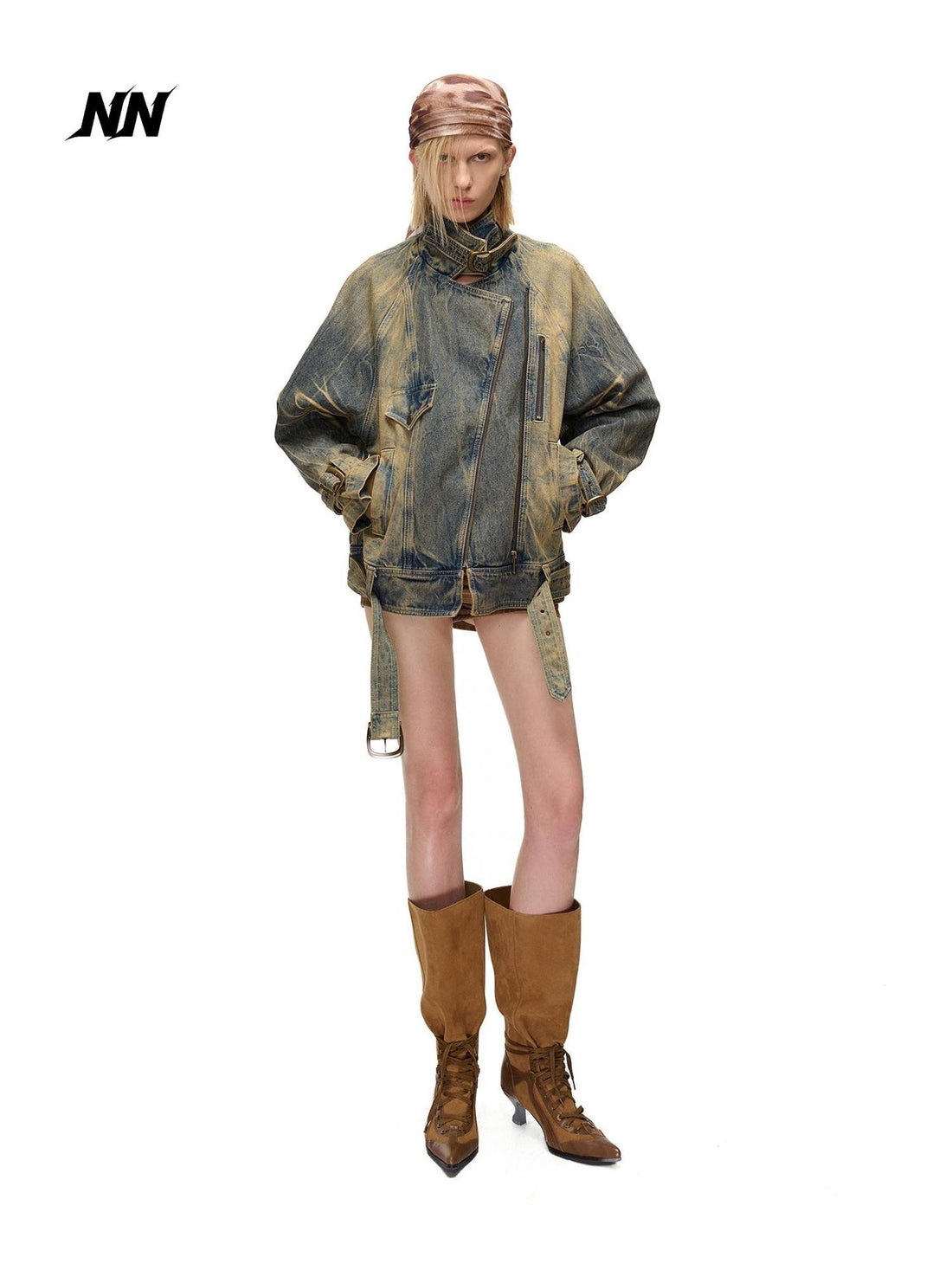 NORTH NODE Washed Distressed Asymmetric Zip Front Loose Fit Cotton Women&