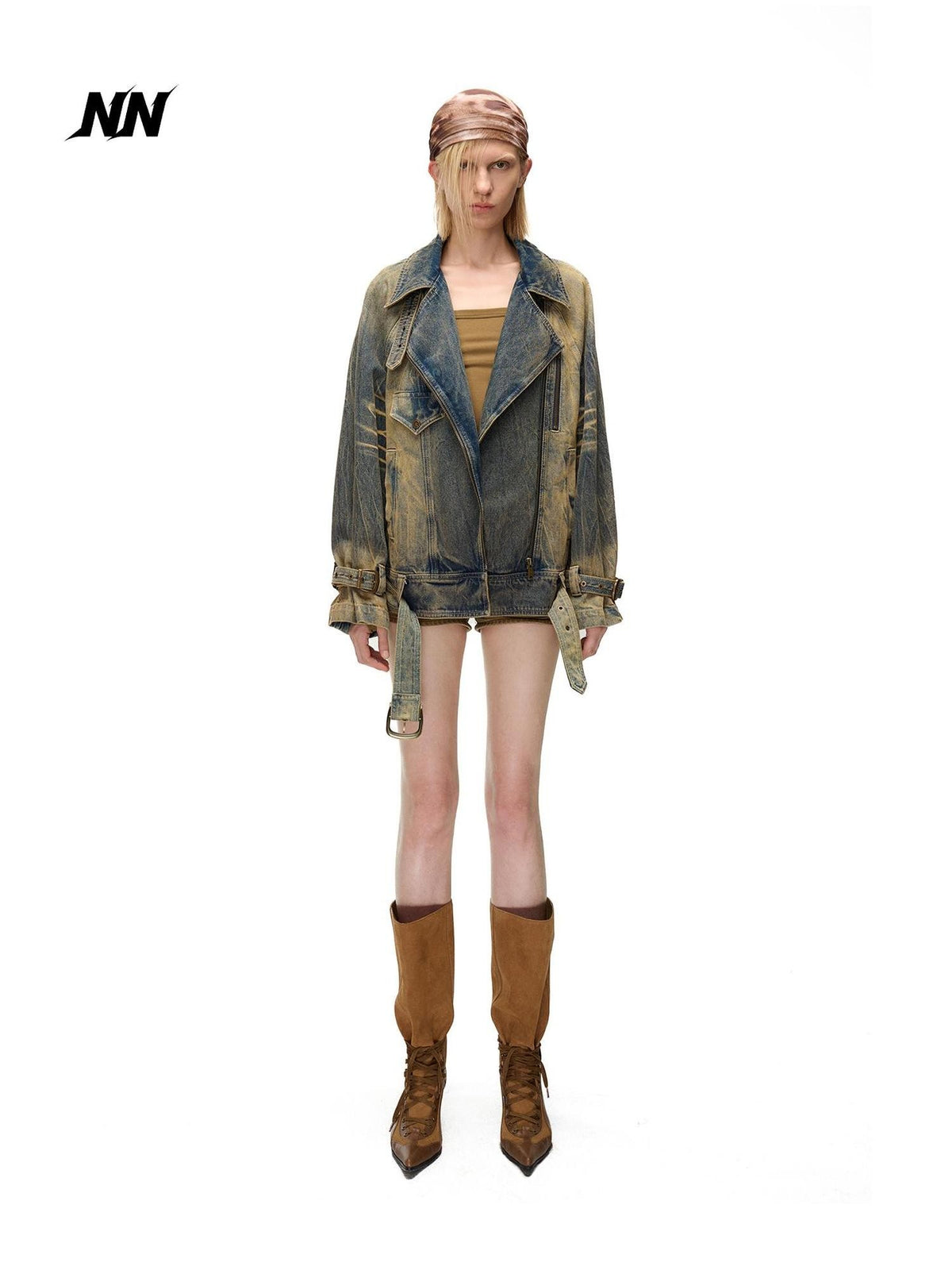 NORTH NODE Washed Distressed Asymmetric Zip Front Loose Fit Cotton Women&