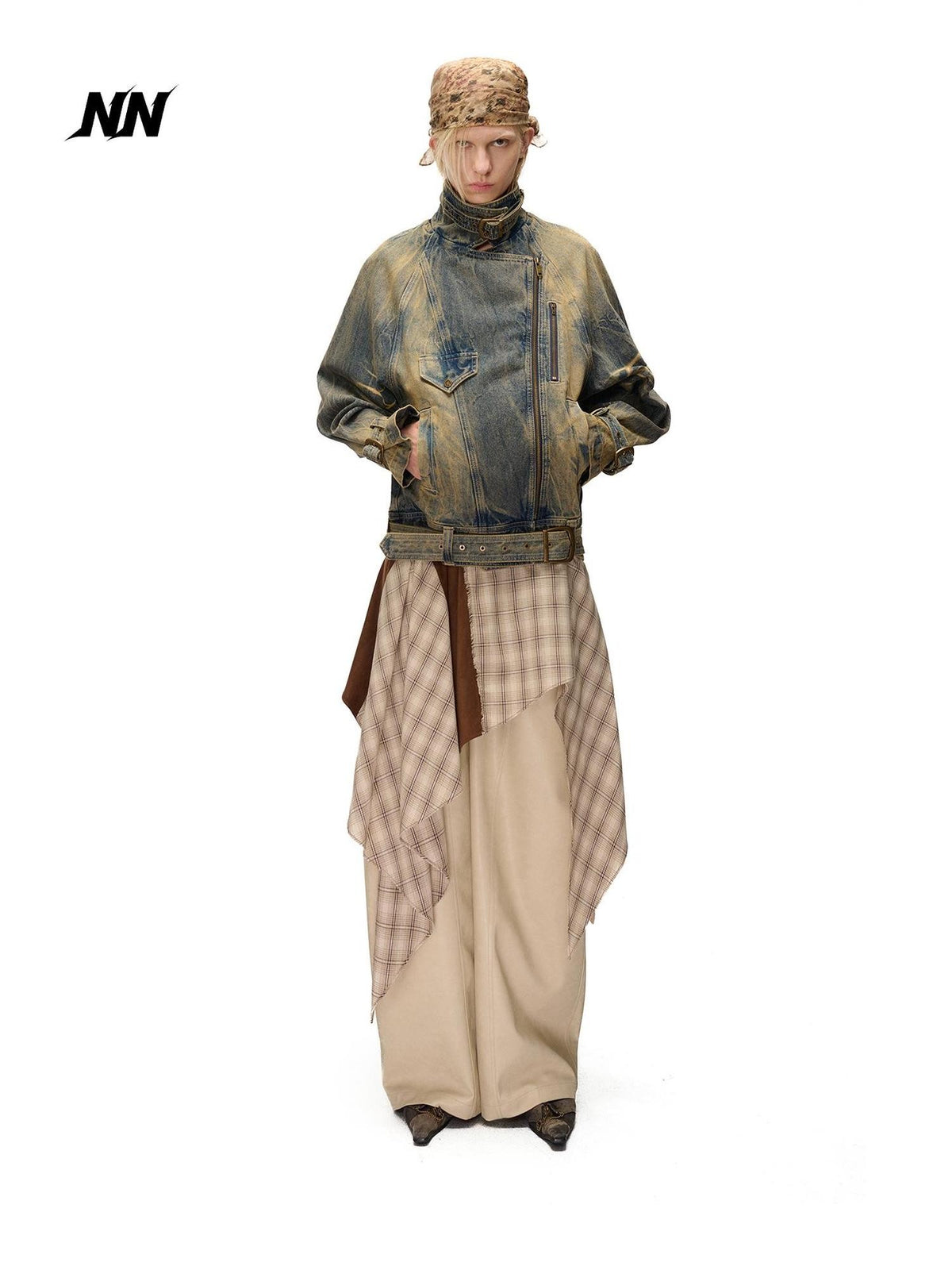 NORTH NODE Washed Distressed Asymmetric Zip Front Loose Fit Cotton Women&