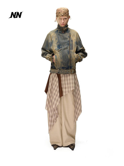 NORTH NODE Washed Distressed Asymmetric Zip Front Loose Fit Cotton Women&