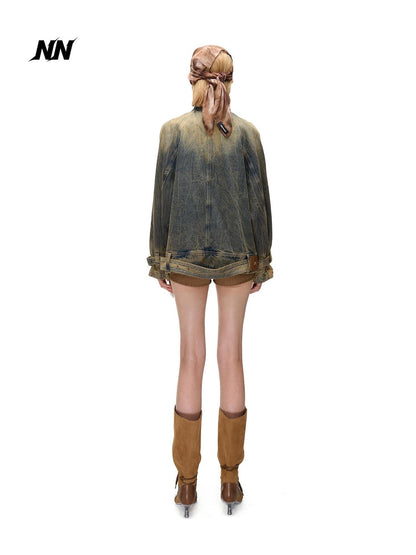 NORTH NODE Washed Distressed Asymmetric Zip Front Loose Fit Cotton Women&