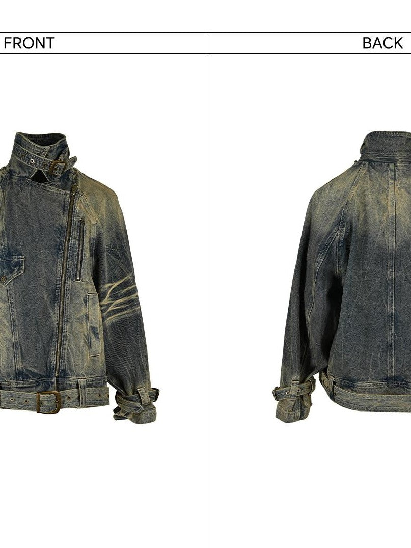 NORTH NODE Washed Distressed Asymmetric Zip Front Loose Fit Cotton Women&