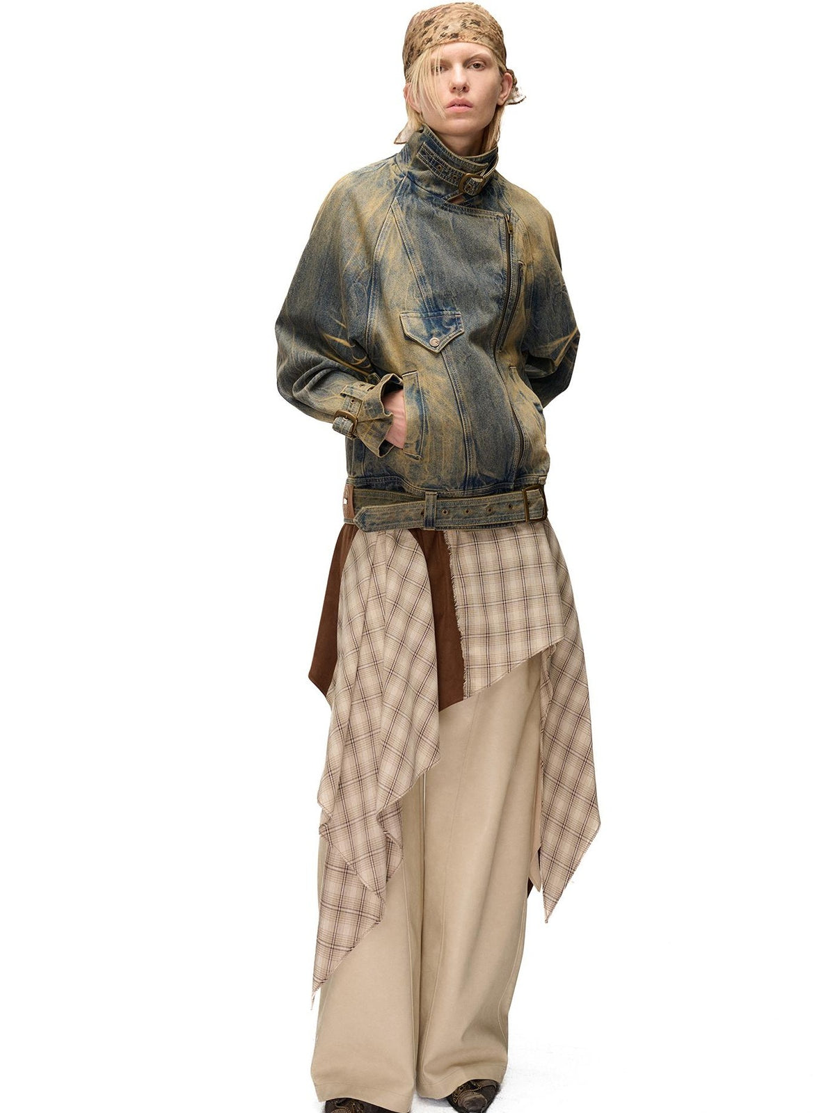 NORTH NODE Washed Distressed Asymmetric Zip Front Loose Fit Cotton Women&