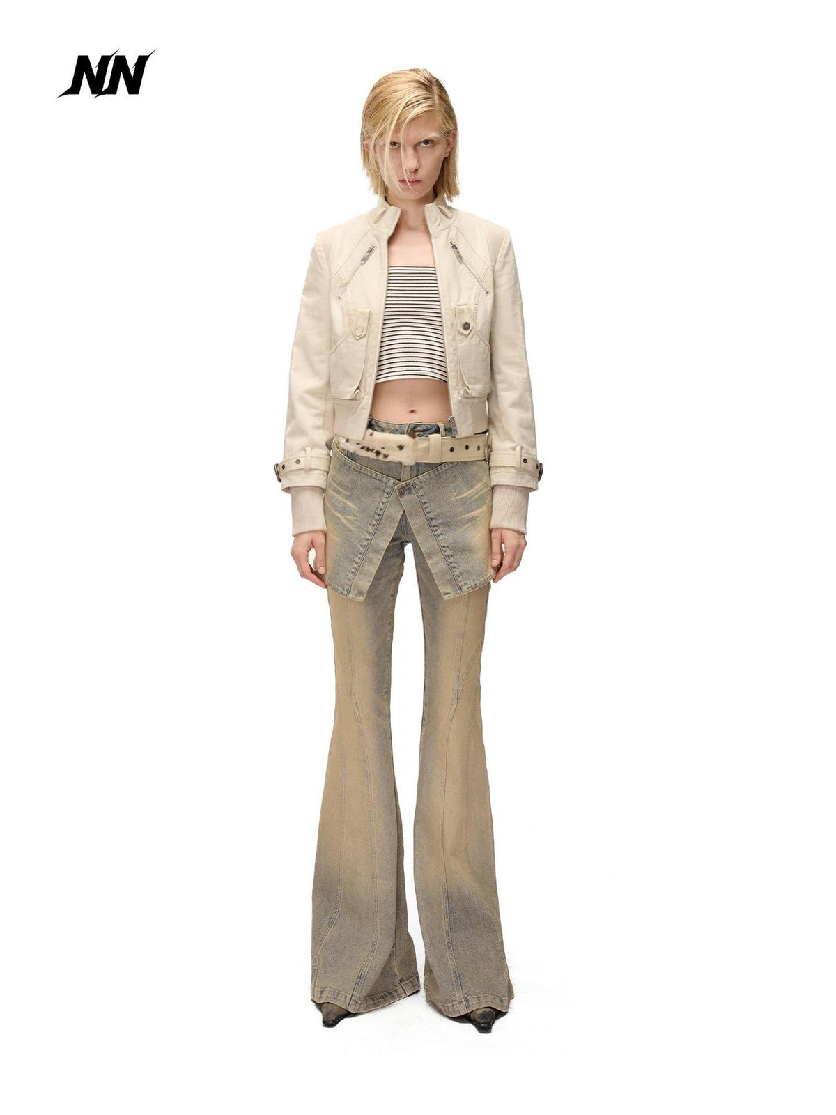 NORTH NODE Washed Distressed Color Block Panel Slimming Women&