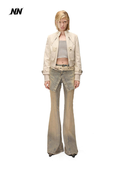 NORTH NODE Washed Distressed Color Block Panel Slimming Women&