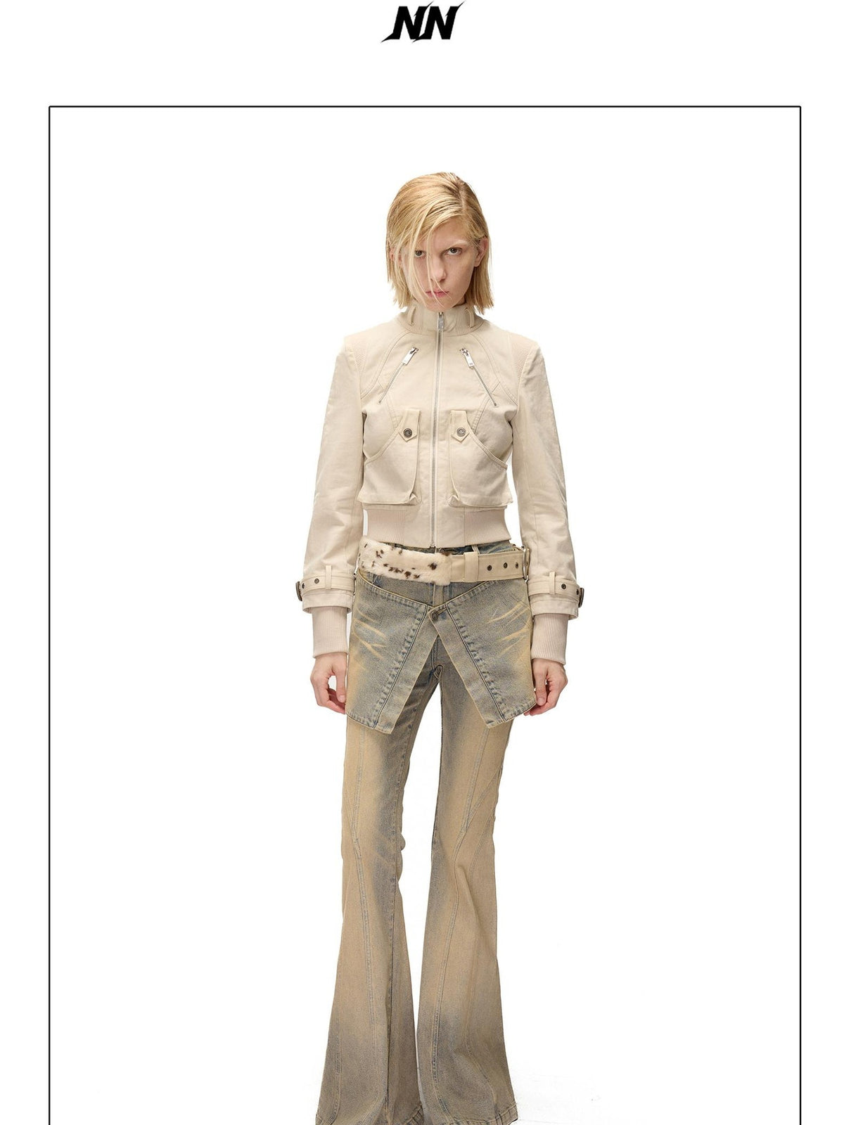 NORTH NODE Washed Distressed Color Block Panel Slimming Women&