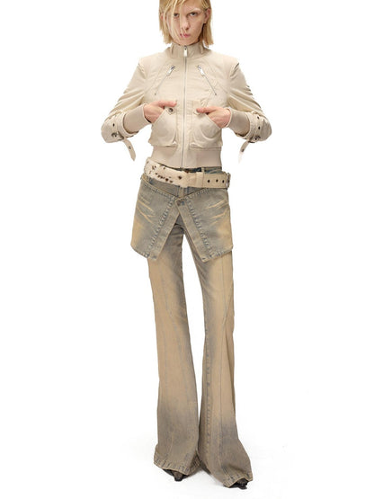 NORTH NODE Washed Distressed Color Block Panel Slimming Women&