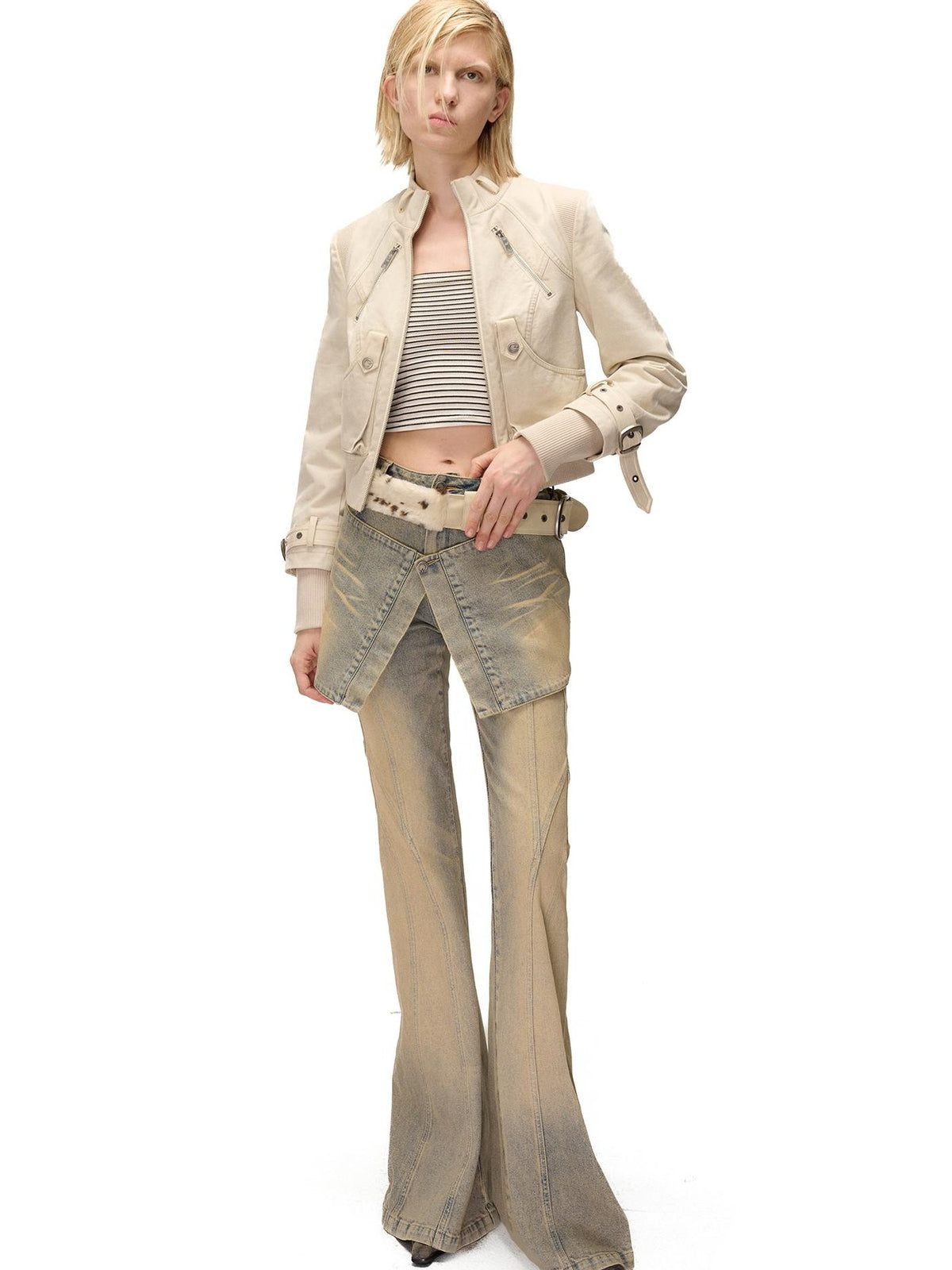 NORTH NODE Washed Distressed Color Block Panel Slimming Women&