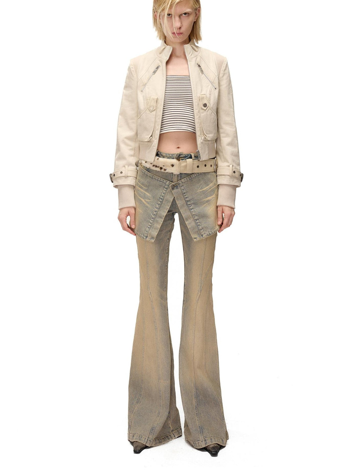 NORTH NODE Washed Distressed Color Block Panel Slimming Women&