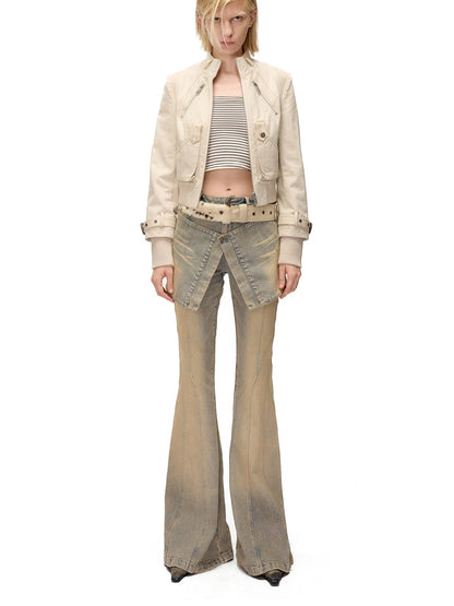 NORTH NODE Washed Distressed Color Block Panel Slimming Women&