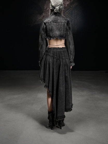 NORTH NODE Washed Distressed Cropped Stand Collar Flap Pocket Women&