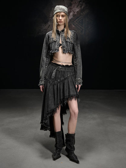 NORTH NODE Washed Distressed Cropped Stand Collar Flap Pocket Women&