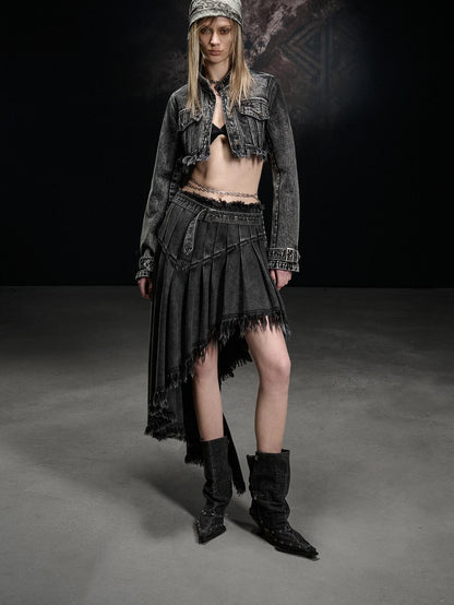 NORTH NODE Washed Distressed Cropped Stand Collar Flap Pocket Women&