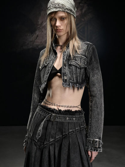 NORTH NODE Washed Distressed Cropped Stand Collar Flap Pocket Women&