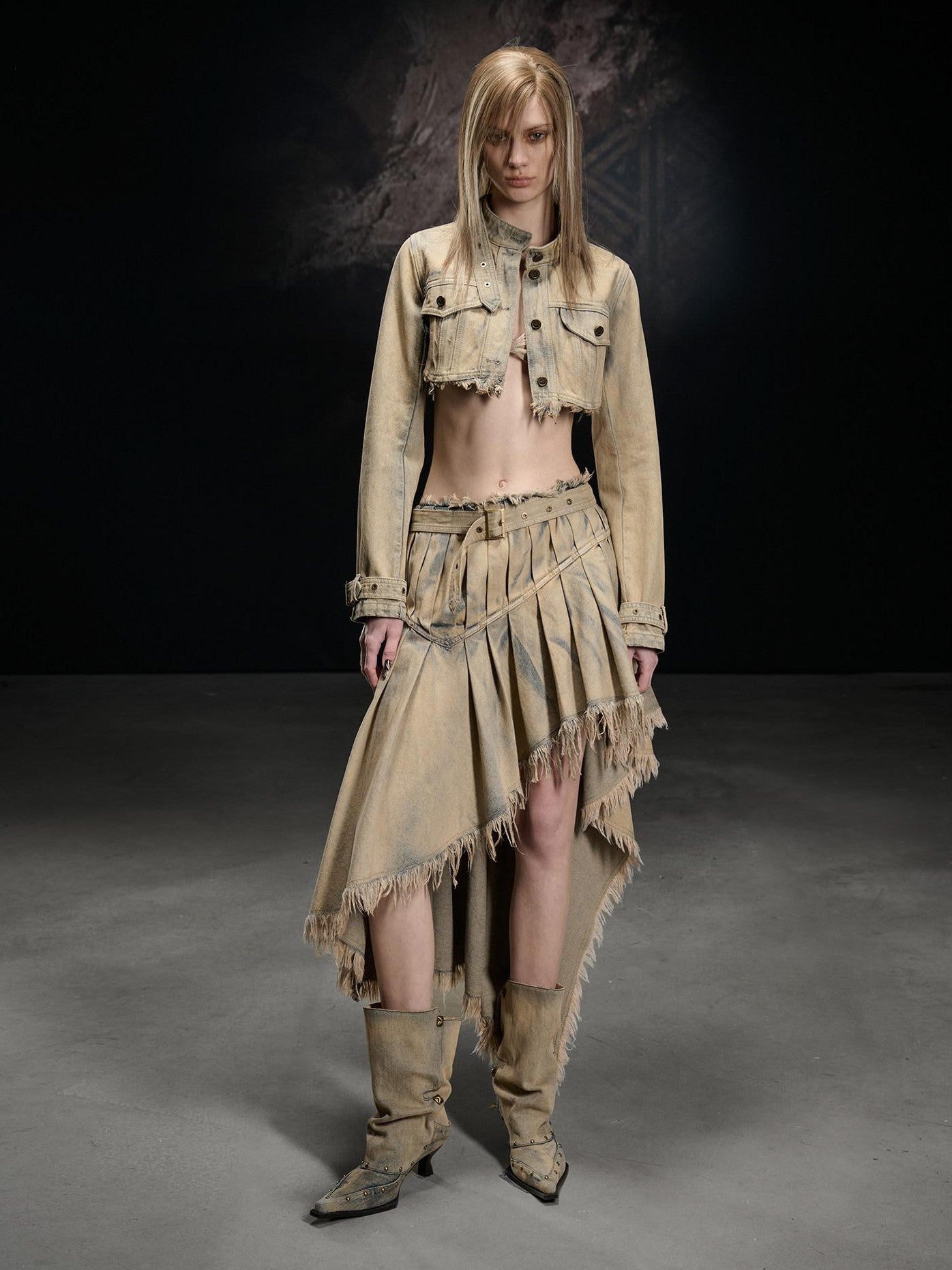 NORTH NODE Washed Distressed Cropped Stand Collar Flap Pocket Women&