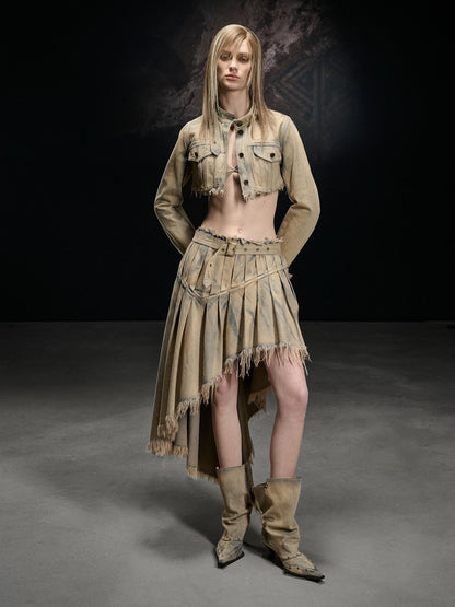 NORTH NODE Washed Distressed Cropped Stand Collar Flap Pocket Women&