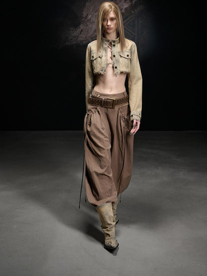 NORTH NODE Washed Distressed Cropped Stand Collar Flap Pocket Women&