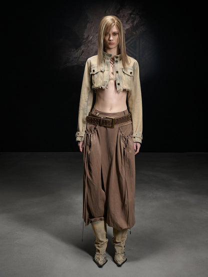 NORTH NODE Washed Distressed Cropped Stand Collar Flap Pocket Women&