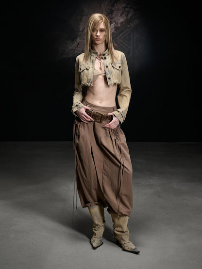 NORTH NODE Washed Distressed Cropped Stand Collar Flap Pocket Women&