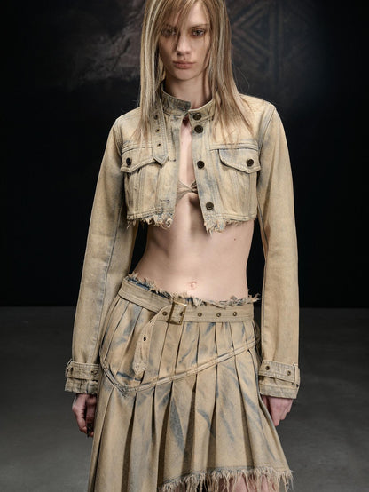 NORTH NODE Washed Distressed Cropped Stand Collar Flap Pocket Women&