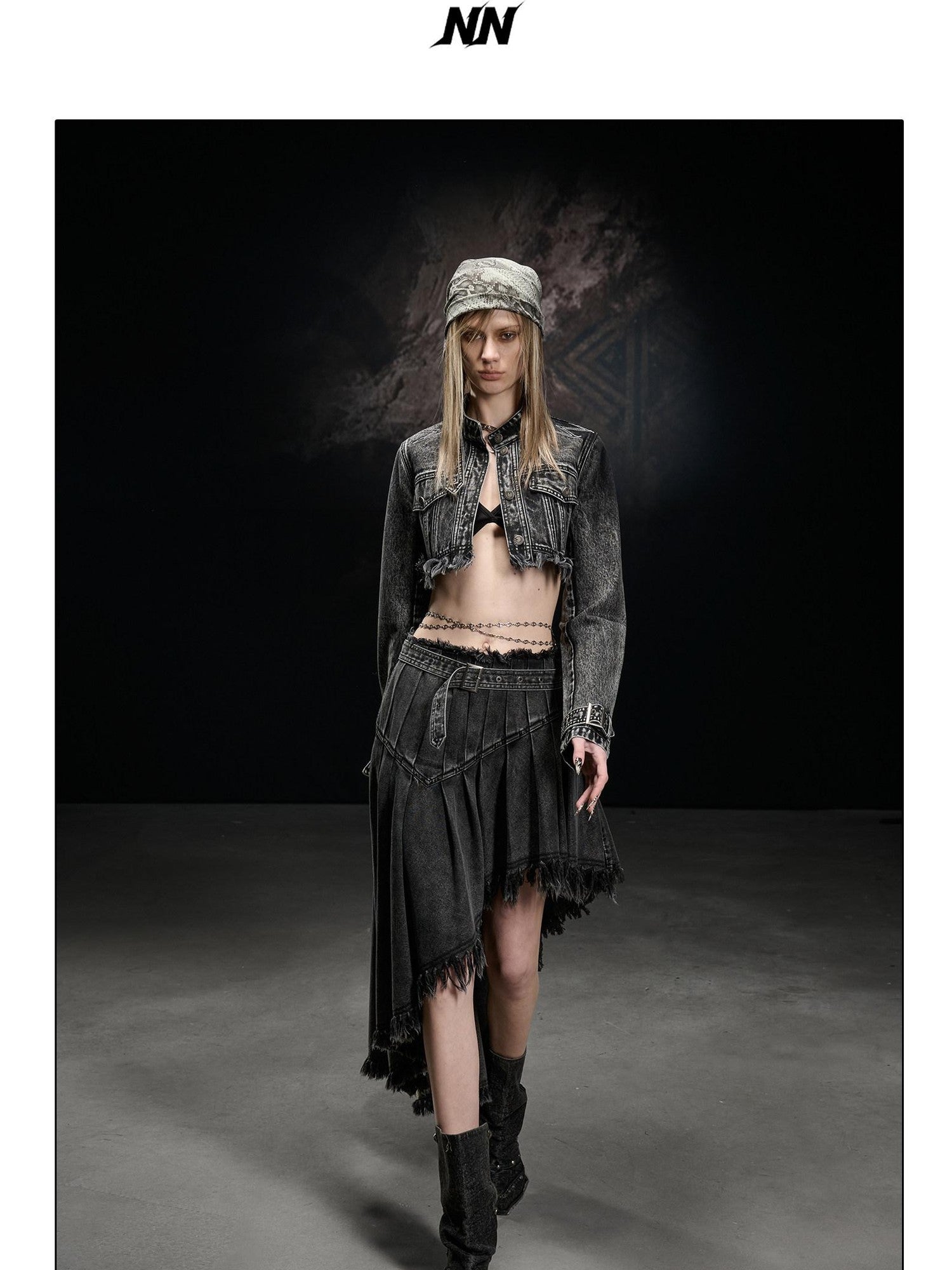 NORTH NODE Washed Distressed Cropped Stand Collar Flap Pocket Women&