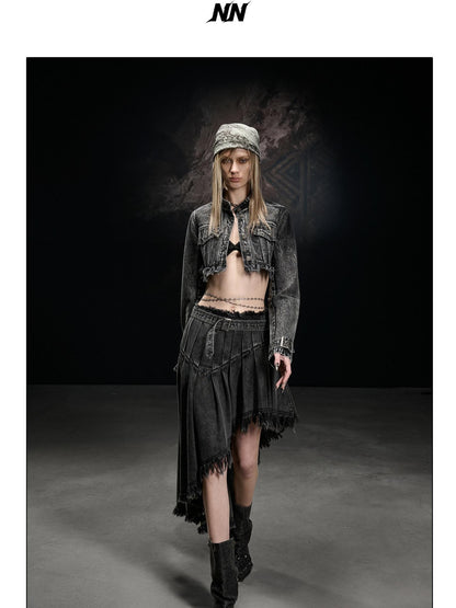 NORTH NODE Washed Distressed Cropped Stand Collar Flap Pocket Women&