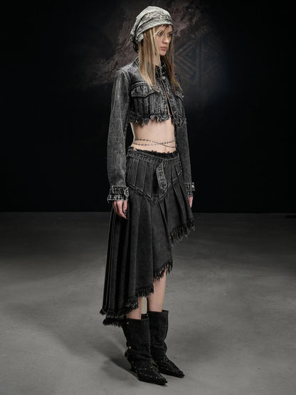 NORTH NODE Washed Distressed Cropped Stand Collar Flap Pocket Women&