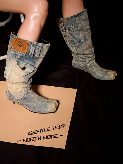 NORTH NODE Washed Distressed Denim Slip On Low Heel Women&
