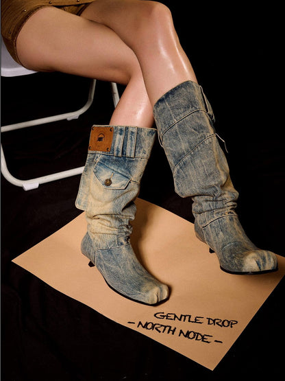 NORTH NODE Washed Distressed Denim Slip On Low Heel Women&