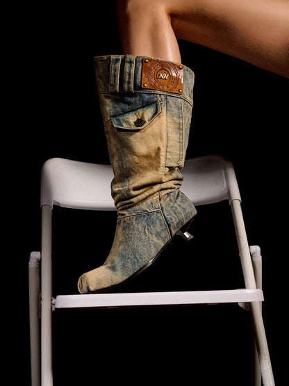 NORTH NODE Washed Distressed Denim Slip On Low Heel Women&