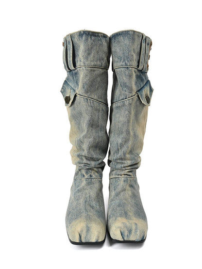 NORTH NODE Washed Distressed Denim Slip On Low Heel Women&