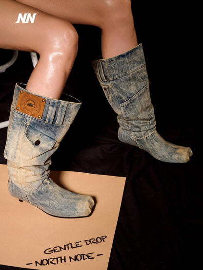 NORTH NODE Washed Distressed Denim Slip On Low Heel Women&
